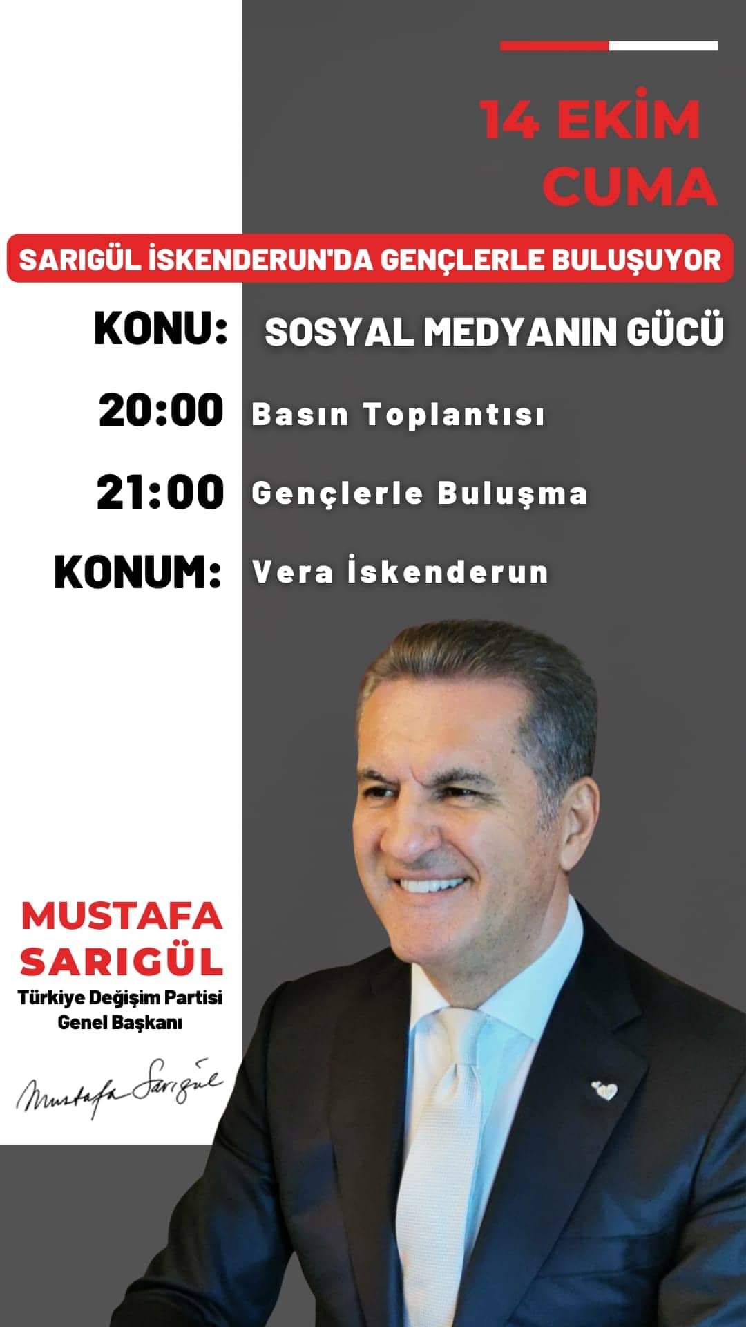 TDP Genel Başkanı Mustafa Sarıgül İskenderun'a Geliyor